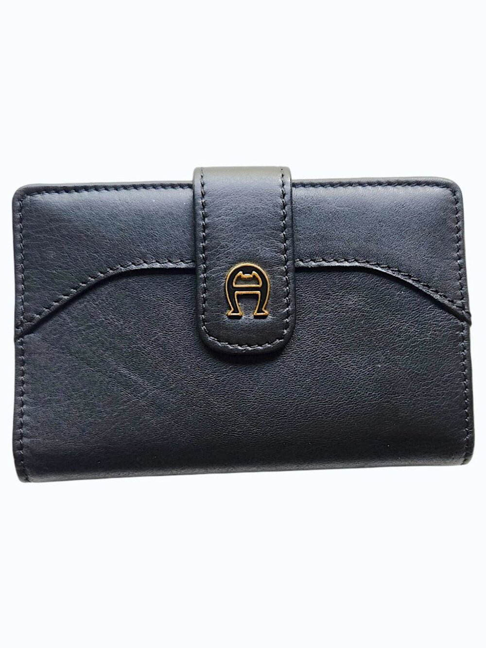 Etienne Aigner Black Leather Compact Wallet Snap Closure Gold Logo Back Zipper